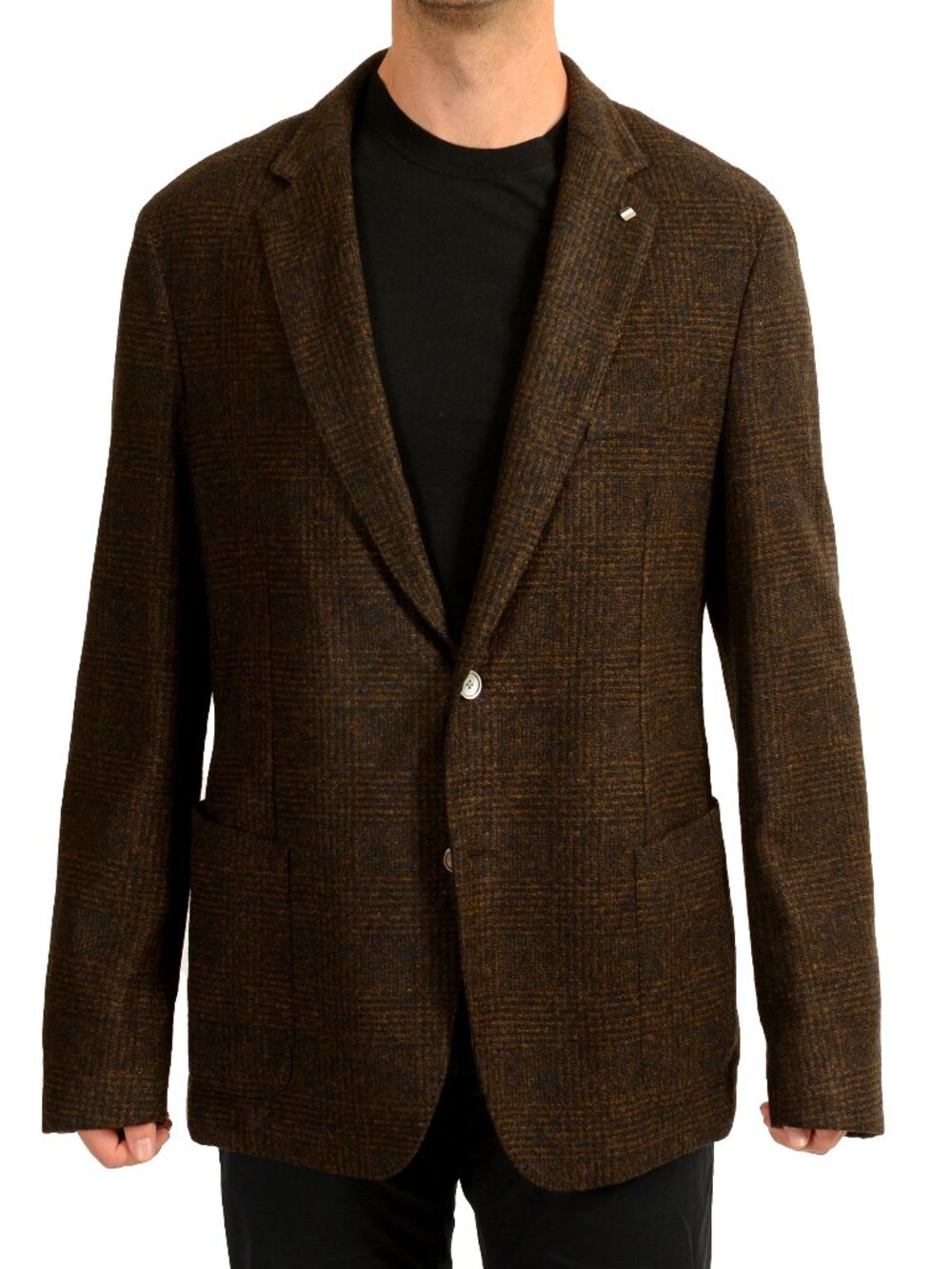 Hugo Boss Men's "C-Hanry-J-224" Brown Wool Plaid Two Button Blazer US 46R IT 56R
